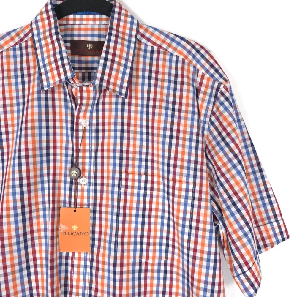 NWT TOSCANO PATRICK ASSARAF Men’s Mandarin Shirt Plaid Short Sleeve Cotton LARGE